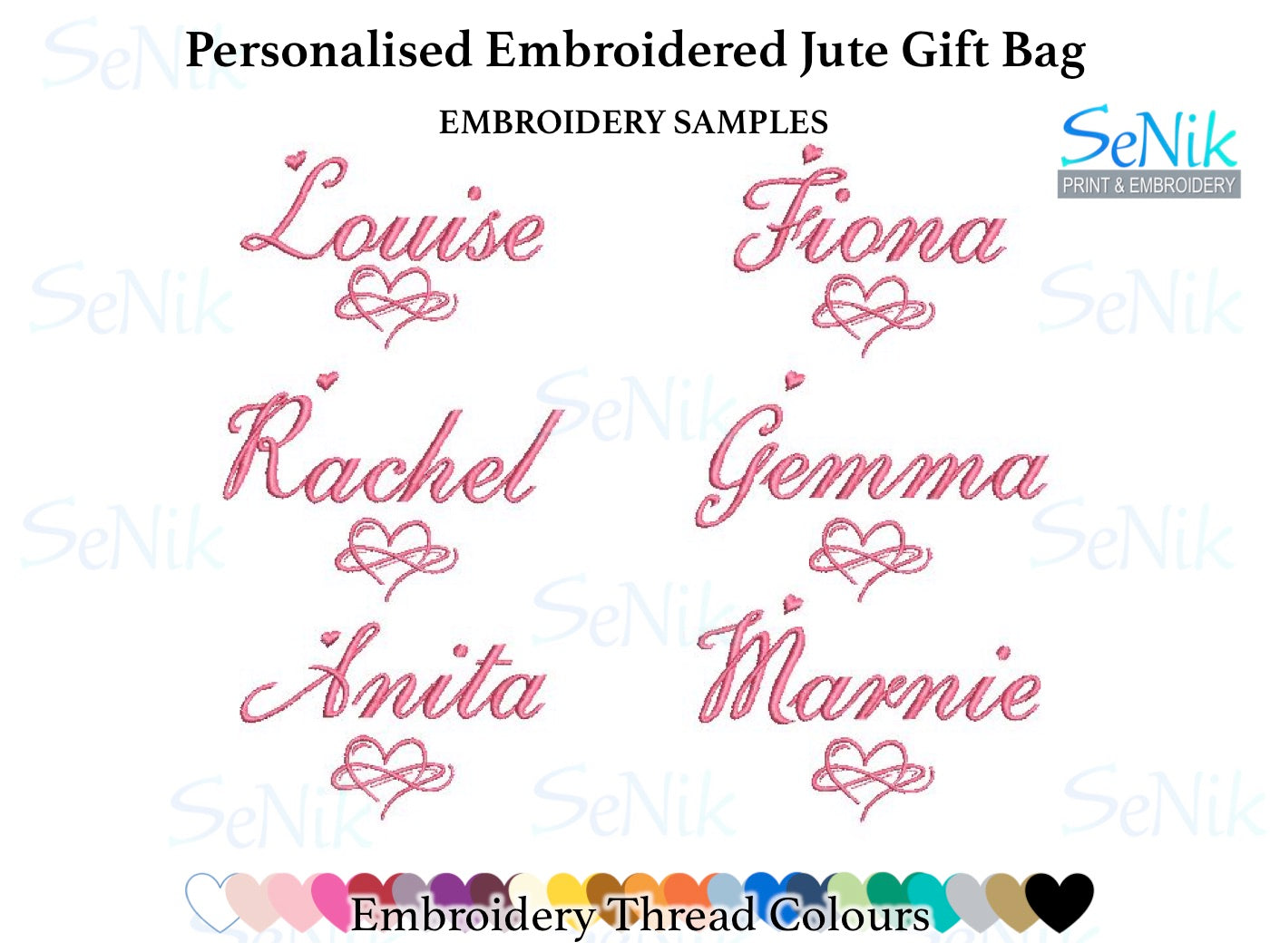 Personalised Embroidered jute bags, available in natural (beige), red or navy. Embroidered with one name or initials plus an infinity heart symbol. Examples shown. Choose of embroidery thread colours