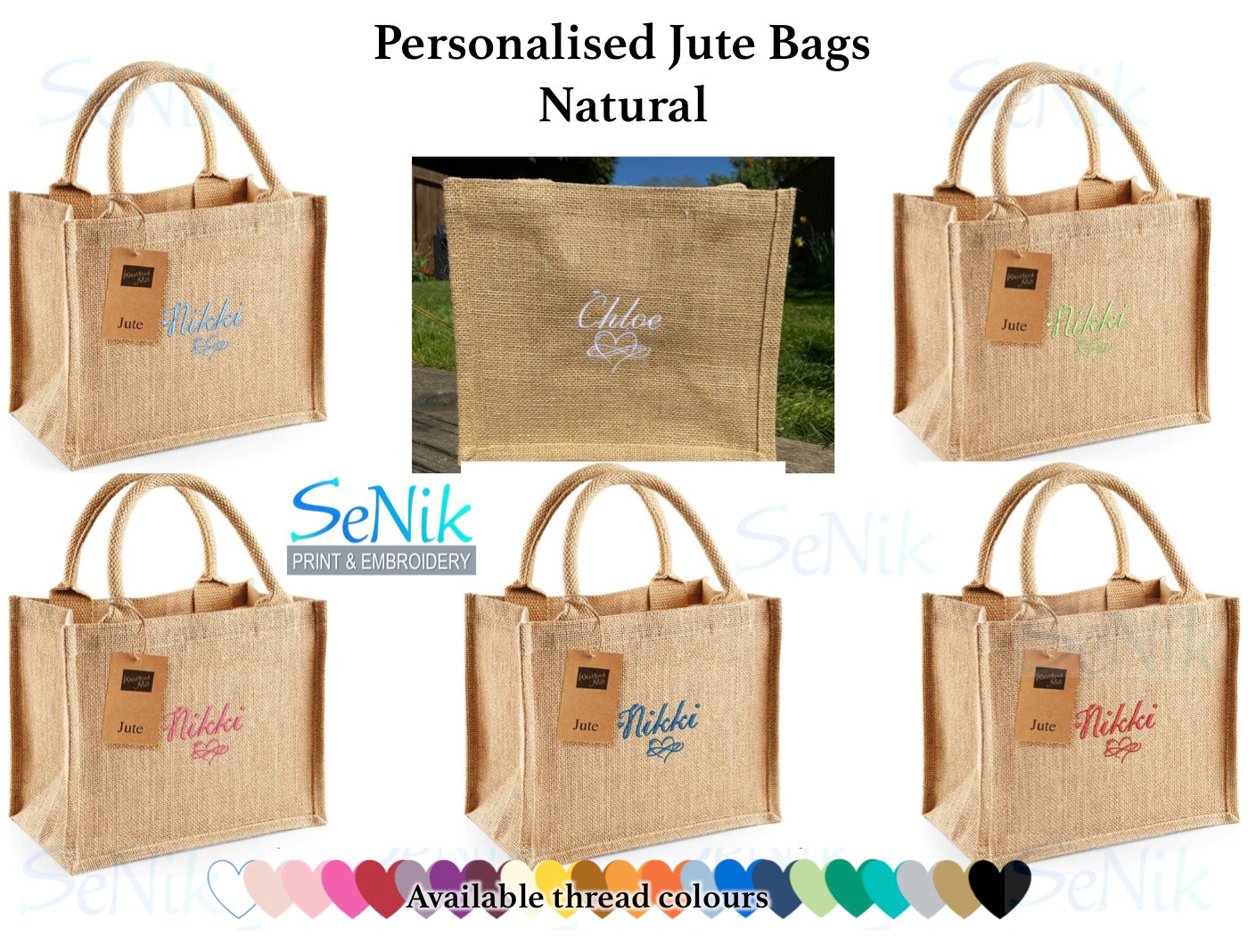 Personalised Embroidered jute bags, available in natural (beige), red or navy. Natural shown. Embroidered with one name or initials plus an infinity heart symbol. Choose of embroidery thread colours