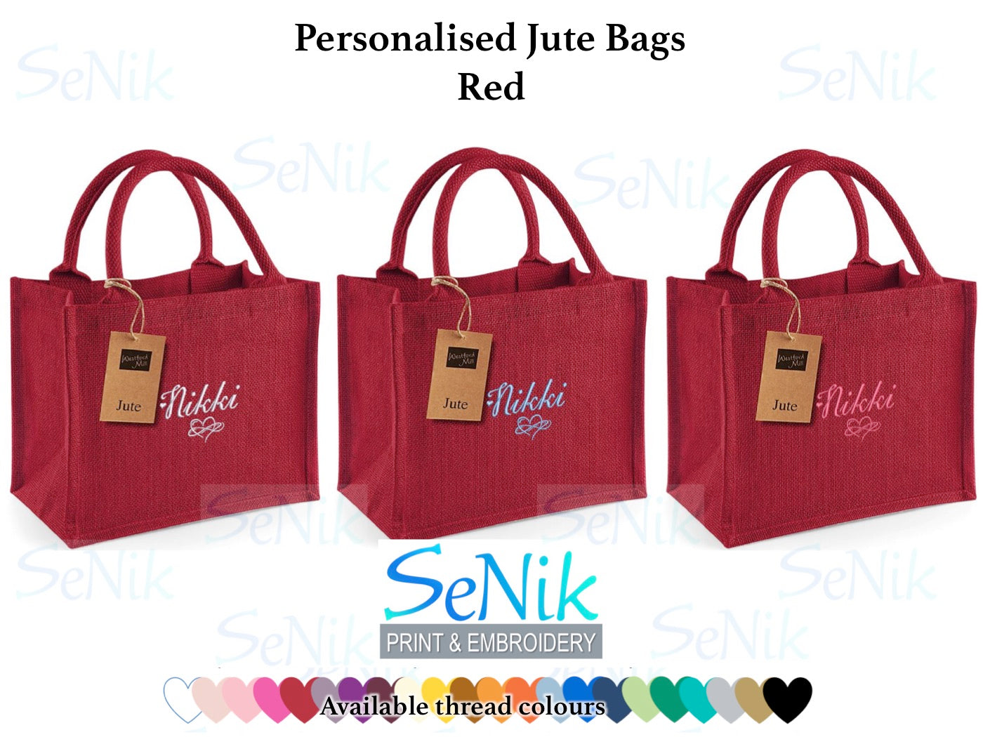Personalised Embroidered jute bags, available in natural (beige), red or navy. Red shown. Embroidered with one name or initials plus an infinity heart symbol. Choose of embroidery thread colours