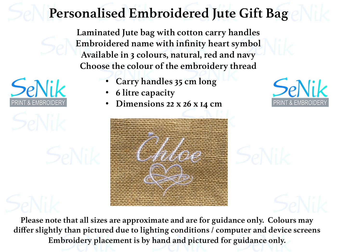 Personalised Embroidered jute bags, available in natural (beige), red or navy. Embroidered with one name or initials plus an infinity heart symbol. Details and sizes shown. Choose of embroidery thread colours
