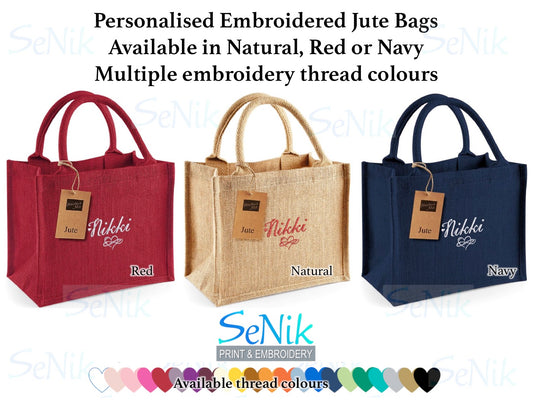 Personalised Embroidered jute bags, available in natural (beige), red or navy.  Embroidered with one name or initials plus an infinity heart symbol.  Choose of embroidery thread colours
