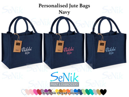 Personalised Embroidered jute bags, available in natural (beige), red or navy.  Navy shown. Embroidered with one name or initials plus an infinity heart symbol.  Choose of embroidery thread colours