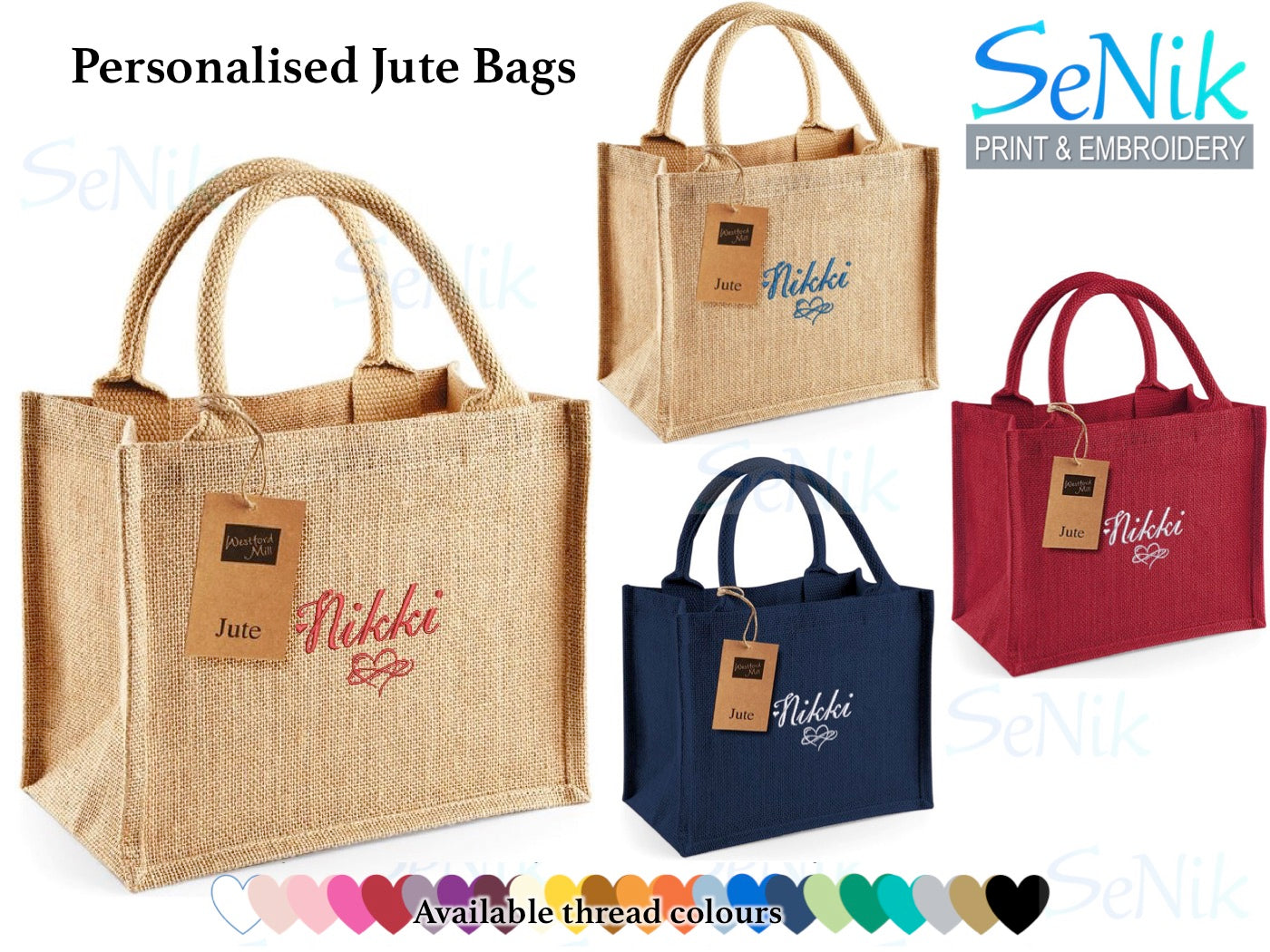 Personalised Embroidered jute bags, available in natural (beige), red or navy.  Embroidered with one name or initials plus an infinity heart symbol.  Choose of embroidery thread colours